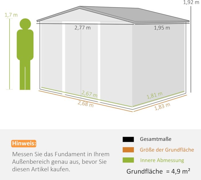 Outsunny Gerätehaus 4,9 m², Gartenhaus mit Satteldach, Schiebetür, Fundament, 277 x 195 x 192 cm, Geräteschuppen aus Verzinkter Stahl, wetterfest, für Garten, Dunkelgrau
