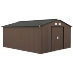 Outsunny Gerätehaus 4,9 m², Gartenhaus mit Satteldach, Schiebetür, Fundament, 277 x 195 x 192 cm, Geräteschuppen aus Verzinkter Stahl, wetterfest, für Garten, Dunkelgrau