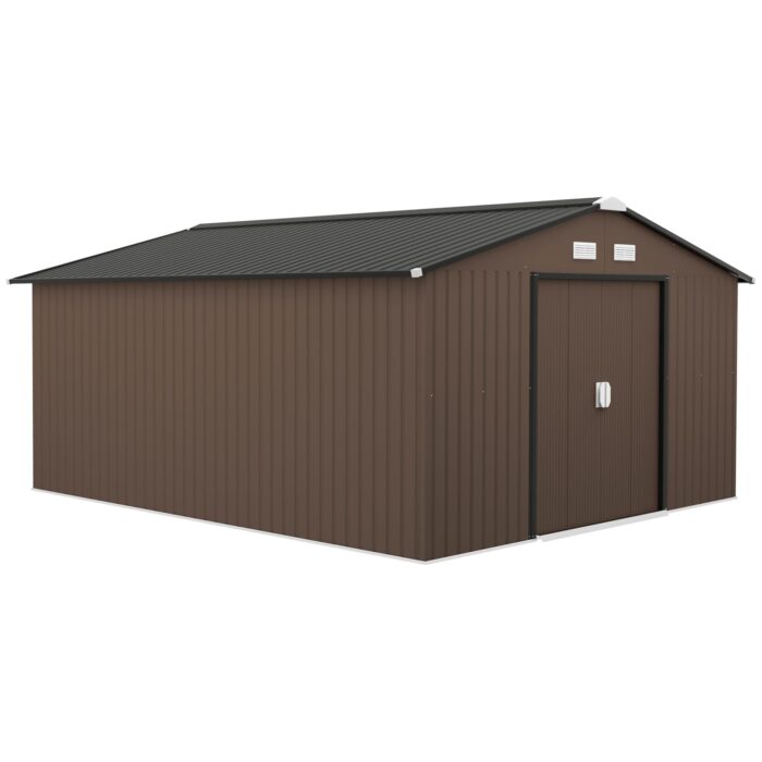 Outsunny Gerätehaus 4,9 m², Gartenhaus mit Satteldach, Schiebetür, Fundament, 277 x 195 x 192 cm, Geräteschuppen aus Verzinkter Stahl, wetterfest, für Garten, Dunkelgrau