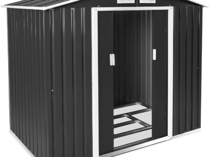 tectake® Metall Gartenhaus mit Satteldach, Geräteschuppen Garten mit Schiebetür, Gerätehaus mit Metallfundament, als Gartenschuppen, Gartenhütte oder Fahrradgarage, 4 m³ Lagerfläche - grau/weiß