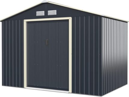 GOPLUS Metall Gerätehaus 5,29 m², 277 x 191 x 202 cm Gerätehaus, Geräteschuppen mit Schiebetür, Satteldach, Lüftungsfenster, Gartenhaus für Garten Terrasse Balkon