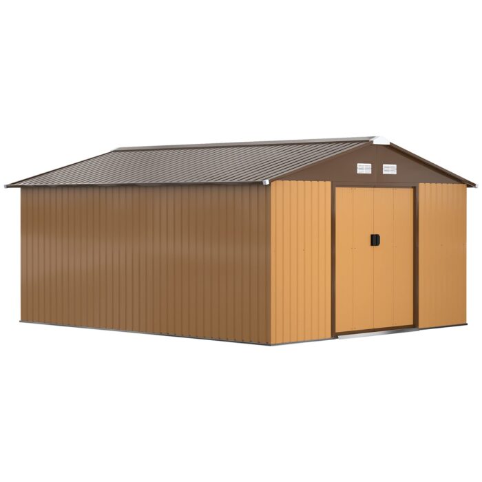 Outsunny Gerätehaus 4,9 m², Gartenhaus mit Satteldach, Schiebetür, Fundament, 277 x 195 x 192 cm, Geräteschuppen aus Verzinkter Stahl, wetterfest, für Garten, Dunkelgrau