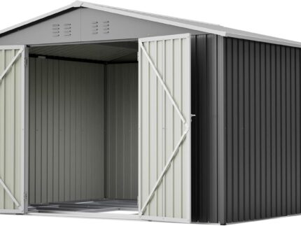 Gartenhaus Metall Geräteschuppen 300x252x191 cm mit Klapptür, Gerätehaus Gartenschuppen mit Satteldach und Stauraum, Gartenhütte Fahrradschuppen für Gartengeräte, Grau