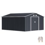 Outsunny Gerätehaus 4,9 m², Gartenhaus mit Satteldach, Schiebetür, Fundament, 277 x 195 x 192 cm, Geräteschuppen aus Verzinkter Stahl, wetterfest, für Garten, Dunkelgrau