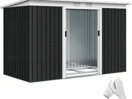 Outsunny Metall Gerätehaus 6,3m³ 280x130x172cm Geräteschuppen mit Pultdach Schiebetür wetterfest Gartenhaus Outdoor Garten Schuppen Schrank für Hinterhof Außenbereich Anthrazit, Dunkelgrau
