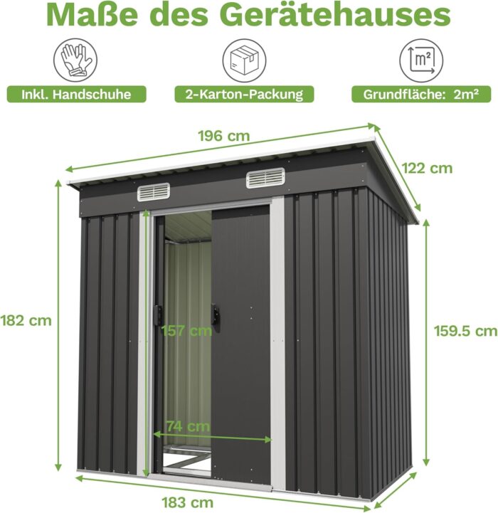 Devoko Metall Geräteschuppen 183x109x182cm mit Fundament, Anthrazit