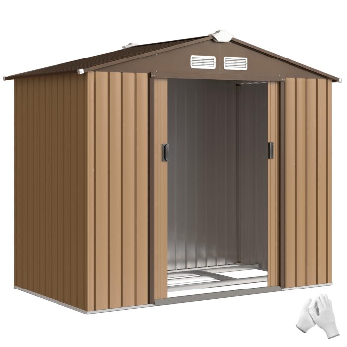 Outsunny Gerätehaus 4,9 m², Gartenhaus mit Satteldach, Schiebetür, Fundament, 277 x 195 x 192 cm, Geräteschuppen aus Verzinkter Stahl, wetterfest, für Garten, Dunkelgrau