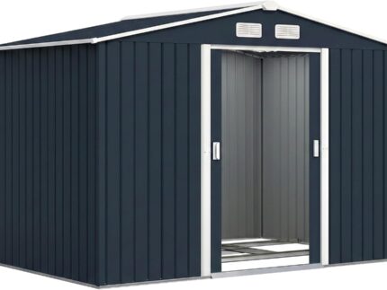 Outsunny Gerätehaus 4,9 m², Gartenhaus mit Satteldach, Schiebetür, Fundament, 277 x 195 x 192 cm, Geräteschuppen aus Verzinkter Stahl, wetterfest, für Garten, Dunkelgrau