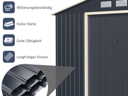 GOPLUS Metall Gerätehaus 5,29 m², 277 x 191 x 202 cm Gerätehaus, Geräteschuppen mit Schiebetür, Satteldach, Lüftungsfenster, Gartenhaus für Garten Terrasse Balkon