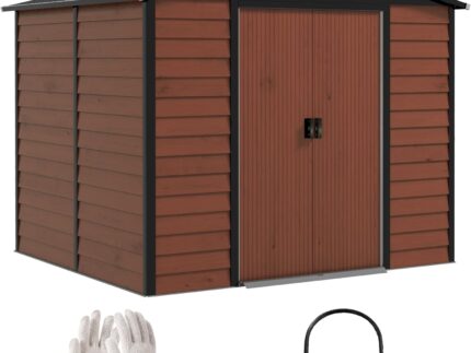 Outsunny Gerätehaus 4,4 m², Gartenhaus mit Pultdach, Schiebetür, Fundament, Einfach Montage 240 x 206 x 198 cm, Geräteschuppen aus Verzinkter Stahl, wetterfest, für Garten, Teak