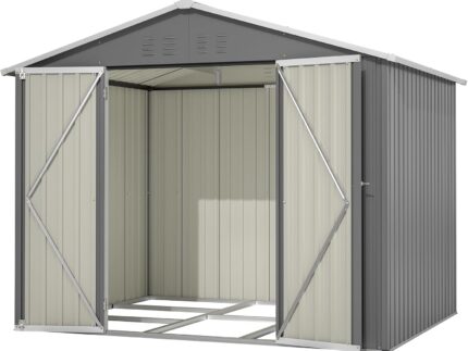 Thanaddo 8×6ft Gerätehaus Metall Groß Geräteschuppen 240x192x191 cm mit Fundamentrahmen, Wetterfest Gartenhaus mit Satteldach & Abschließbarer Tür, Gartenschuppen für Outdoor Garten Hinterhof, Grau