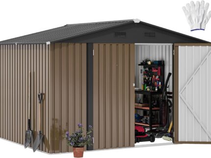 DWVO Großes Metall Gerätehaus 3x2,4 m, Stabiler Werkzeugschuppen für Garten, Terrasse & Hof, Ideal für Fahrräder, Gartengeräte & Rasenmäher, Wetterfest & Abschließbar, Braun