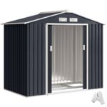 Outsunny Gerätehaus 4,9 m², Gartenhaus mit Satteldach, Schiebetür, Fundament, 277 x 195 x 192 cm, Geräteschuppen aus Verzinkter Stahl, wetterfest, für Garten, Dunkelgrau