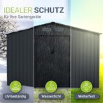 Juskys Geräteschuppen Metall XL – Gartenhaus & Gerätehaus mit Schiebetür, Fundamentrahmen & Schloss, wetterfester Gartenschrank zur Aufbewahrung – Dunkelgrau