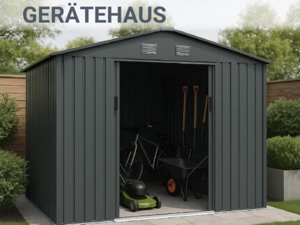 Juskys Geräteschuppen Metall XL – Gartenhaus & Gerätehaus mit Schiebetür, Fundamentrahmen & Schloss, wetterfester Gartenschrank zur Aufbewahrung – Dunkelgrau