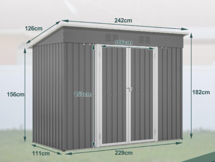 Gartenhaus Metall, 242×126×182cm, Garten Geräteschuppen Metall, Gartenschrank Wasserdicht für Outdoor Terrasse, Gerätehaus, Inkl Metallfundament (ohne Boden), Grau