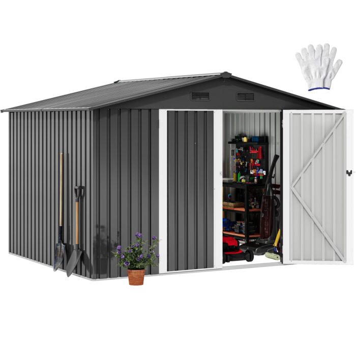 DWVO Großes Metall Gerätehaus 3x2,4 m, Stabiler Werkzeugschuppen für Garten, Terrasse & Hof, Ideal für Fahrräder, Gartengeräte & Rasenmäher, Wetterfest & Abschließbar, Braun