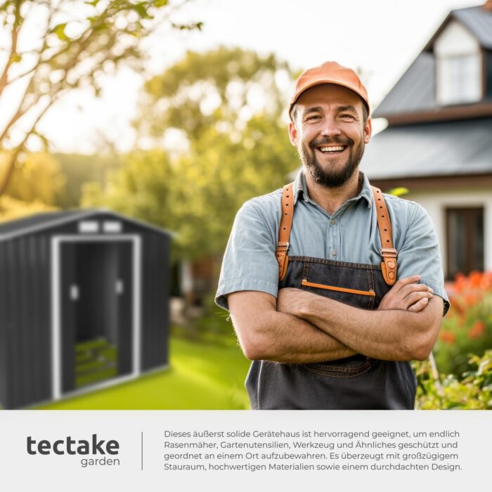 tectake® Metall Gartenhaus mit Satteldach, Geräteschuppen Garten mit Schiebetür, Gerätehaus mit Metallfundament, als Gartenschuppen, Gartenhütte oder Fahrradgarage, 4 m³ Lagerfläche - grau/weiß