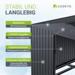 Juskys Geräteschuppen Metall XL – Gartenhaus & Gerätehaus mit Schiebetür, Fundamentrahmen & Schloss, wetterfester Gartenschrank zur Aufbewahrung – Dunkelgrau