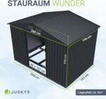 Juskys Geräteschuppen Metall XL – Gartenhaus & Gerätehaus mit Schiebetür, Fundamentrahmen & Schloss, wetterfester Gartenschrank zur Aufbewahrung – Dunkelgrau