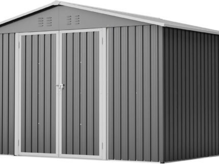 Gartenhaus Metall Geräteschuppen 300x252x191 cm mit Klapptür, Gerätehaus Gartenschuppen mit Satteldach und Stauraum, Gartenhütte Fahrradschuppen für Gartengeräte, Grau