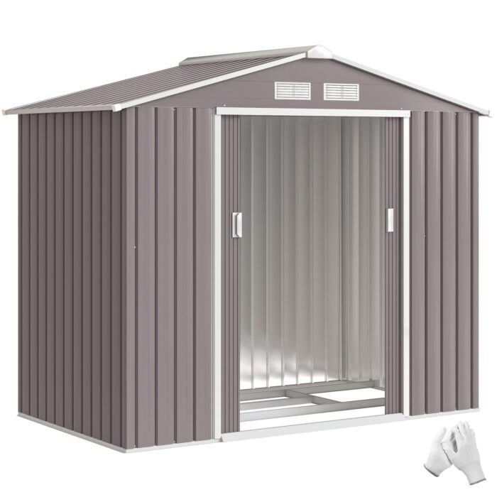 Outsunny Gerätehaus 4,9 m², Gartenhaus mit Satteldach, Schiebetür, Fundament, 277 x 195 x 192 cm, Geräteschuppen aus Verzinkter Stahl, wetterfest, für Garten, Dunkelgrau