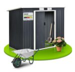 Juskys Geräteschuppen Metall XL – Gartenhaus & Gerätehaus mit Schiebetür, Fundamentrahmen & Schloss, wetterfester Gartenschrank zur Aufbewahrung – Dunkelgrau