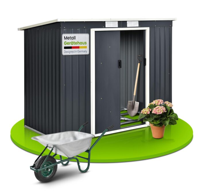 Juskys Geräteschuppen Metall XL – Gartenhaus & Gerätehaus mit Schiebetür, Fundamentrahmen & Schloss, wetterfester Gartenschrank zur Aufbewahrung – Dunkelgrau