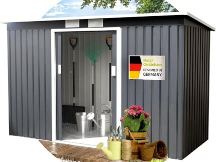 Athelon Geräteschuppen | Gartenhaus mit Doppelschiebetüren | Metall-Gerätehaus, Gartenschuppen 277×130×173 cm | Gerätehaus, Fahrradgarage aus verzinktem Stahl | Geräteschuppen Metall (XL)