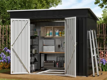 Amopatio Gerätehaus, Gartenhaus mit Pultdach, Geräteschuppen 228x109x182 cm (BxTxH), Gartenhaus Metall mit Tür, Verzinkte Gartenhülle Metall-Schuppen mit Fundamentrahmen, Schwarz