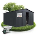 Juskys Geräteschuppen Metall XL – Gartenhaus & Gerätehaus mit Schiebetür, Fundamentrahmen & Schloss, wetterfester Gartenschrank zur Aufbewahrung – Dunkelgrau