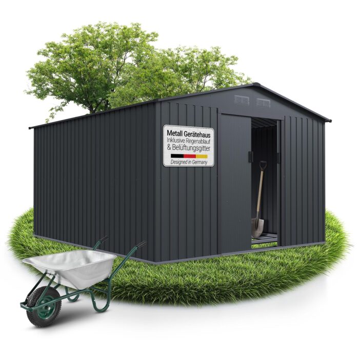 Juskys Geräteschuppen Metall XL – Gartenhaus & Gerätehaus mit Schiebetür, Fundamentrahmen & Schloss, wetterfester Gartenschrank zur Aufbewahrung – Dunkelgrau