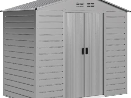 Outsunny Verzinkter Stahl Gerätehaus 2,43㎡ 213x131x192cm Einfach Montage Geräteschuppen mit Satteldach, Abschließbarer Schiebetür, wetterfest Gartenhaus, Outdoor Garten Schuppen für Außenbereich, Grau