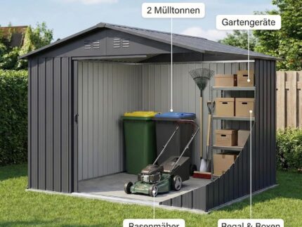 Albatros Gerätehaus XL | Anthrazit RAL 7016 | 165x86x174cm (8,5 m³) | abschließbar inkl. Schloss & Werkzeughaken | Gartenhaus aus verzinktem wetterfestem Metall | Geräteschuppen Gartenschrank