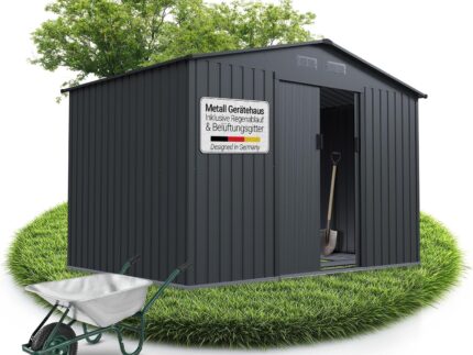 Juskys Geräteschuppen Metall XL – Gartenhaus & Gerätehaus mit Schiebetür, Fundamentrahmen & Schloss, wetterfester Gartenschrank zur Aufbewahrung – Dunkelgrau