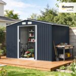 Outsunny Gerätehaus 4,9 m², Gartenhaus mit Satteldach, Schiebetür, Fundament, 277 x 195 x 192 cm, Geräteschuppen aus Verzinkter Stahl, wetterfest, für Garten, Dunkelgrau