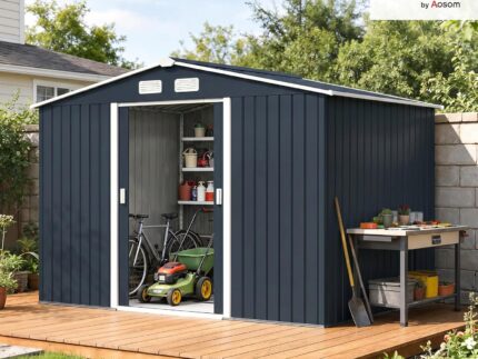 Outsunny Gerätehaus 4,9 m², Gartenhaus mit Satteldach, Schiebetür, Fundament, 277 x 195 x 192 cm, Geräteschuppen aus Verzinkter Stahl, wetterfest, für Garten, Dunkelgrau