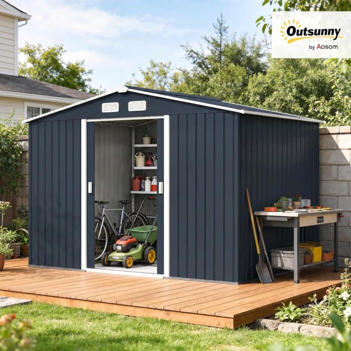 Outsunny Gerätehaus 4,9 m², Gartenhaus mit Satteldach, Schiebetür, Fundament, 277 x 195 x 192 cm, Geräteschuppen aus Verzinkter Stahl, wetterfest, für Garten, Dunkelgrau