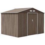 Outsunny Gerätehaus 4,9 m², Gartenhaus mit Satteldach, Schiebetür, Fundament, 277 x 195 x 192 cm, Geräteschuppen aus Verzinkter Stahl, wetterfest, für Garten, Dunkelgrau