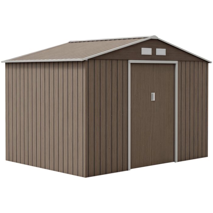 Outsunny Gerätehaus 4,9 m², Gartenhaus mit Satteldach, Schiebetür, Fundament, 277 x 195 x 192 cm, Geräteschuppen aus Verzinkter Stahl, wetterfest, für Garten, Dunkelgrau