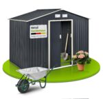 Juskys Geräteschuppen Metall XL – Gartenhaus & Gerätehaus mit Schiebetür, Fundamentrahmen & Schloss, wetterfester Gartenschrank zur Aufbewahrung – Dunkelgrau