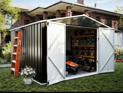 UDPATIO Metall Gartenhaus mit 10 m³, Pultdach - 250 x 248 x 194 cm für den Außenbereich, Geräteschuppen, Fahrradgarage, Verzinkter Stahl mit Abschließbarer Tür für Hinterhof,Dunkelgrau