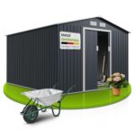 Juskys Geräteschuppen Metall XL – Gartenhaus & Gerätehaus mit Schiebetür, Fundamentrahmen & Schloss, wetterfester Gartenschrank zur Aufbewahrung – Dunkelgrau