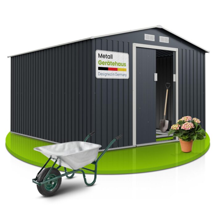 Juskys Geräteschuppen Metall XL – Gartenhaus & Gerätehaus mit Schiebetür, Fundamentrahmen & Schloss, wetterfester Gartenschrank zur Aufbewahrung – Dunkelgrau