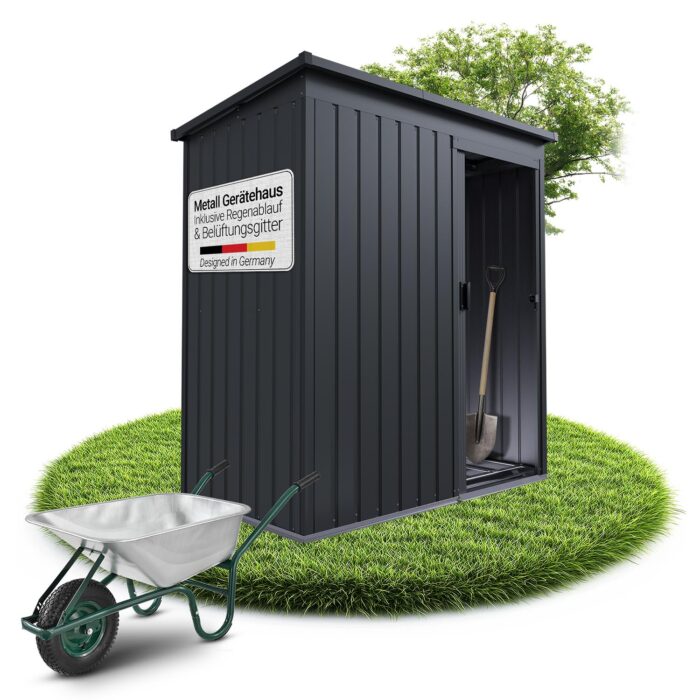 Juskys Geräteschuppen Metall XL – Gartenhaus & Gerätehaus mit Schiebetür, Fundamentrahmen & Schloss, wetterfester Gartenschrank zur Aufbewahrung – Dunkelgrau