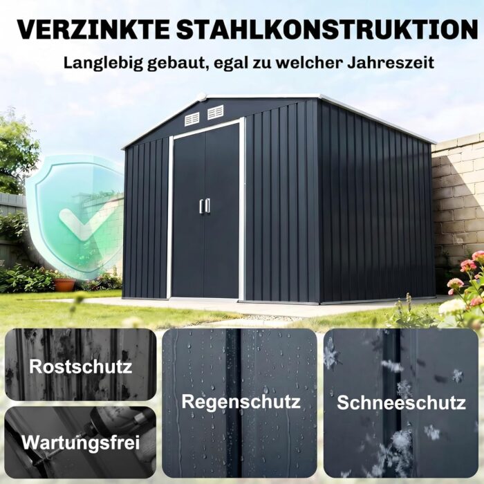 Outsunny Gerätehaus 4,9 m², Gartenhaus mit Satteldach, Schiebetür, Fundament, 277 x 195 x 192 cm, Geräteschuppen aus Verzinkter Stahl, wetterfest, für Garten, Dunkelgrau
