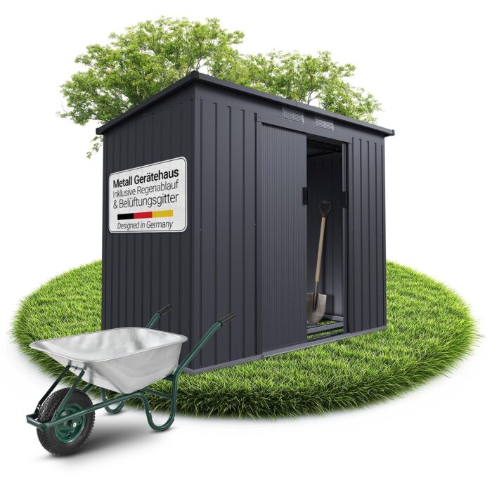 Juskys Geräteschuppen Metall XL – Gartenhaus & Gerätehaus mit Schiebetür, Fundamentrahmen & Schloss, wetterfester Gartenschrank zur Aufbewahrung – Dunkelgrau