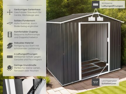 tectake® Metall Gartenhaus mit Satteldach, Geräteschuppen Garten mit Schiebetür, Gerätehaus mit Metallfundament, als Gartenschuppen, Gartenhütte oder Fahrradgarage, 4 m³ Lagerfläche - grau/weiß