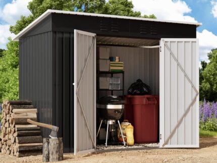 Amopatio Gerätehaus, Gartenhaus mit Pultdach, Geräteschuppen 228x109x182 cm (BxTxH), Gartenhaus Metall mit Tür, Verzinkte Gartenhülle Metall-Schuppen mit Fundamentrahmen, Schwarz