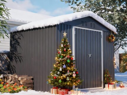 Thanaddo 8×6ft Gerätehaus Metall Groß Geräteschuppen 240x192x191 cm mit Fundamentrahmen, Wetterfest Gartenhaus mit Satteldach & Abschließbarer Tür, Gartenschuppen für Outdoor Garten Hinterhof, Grau